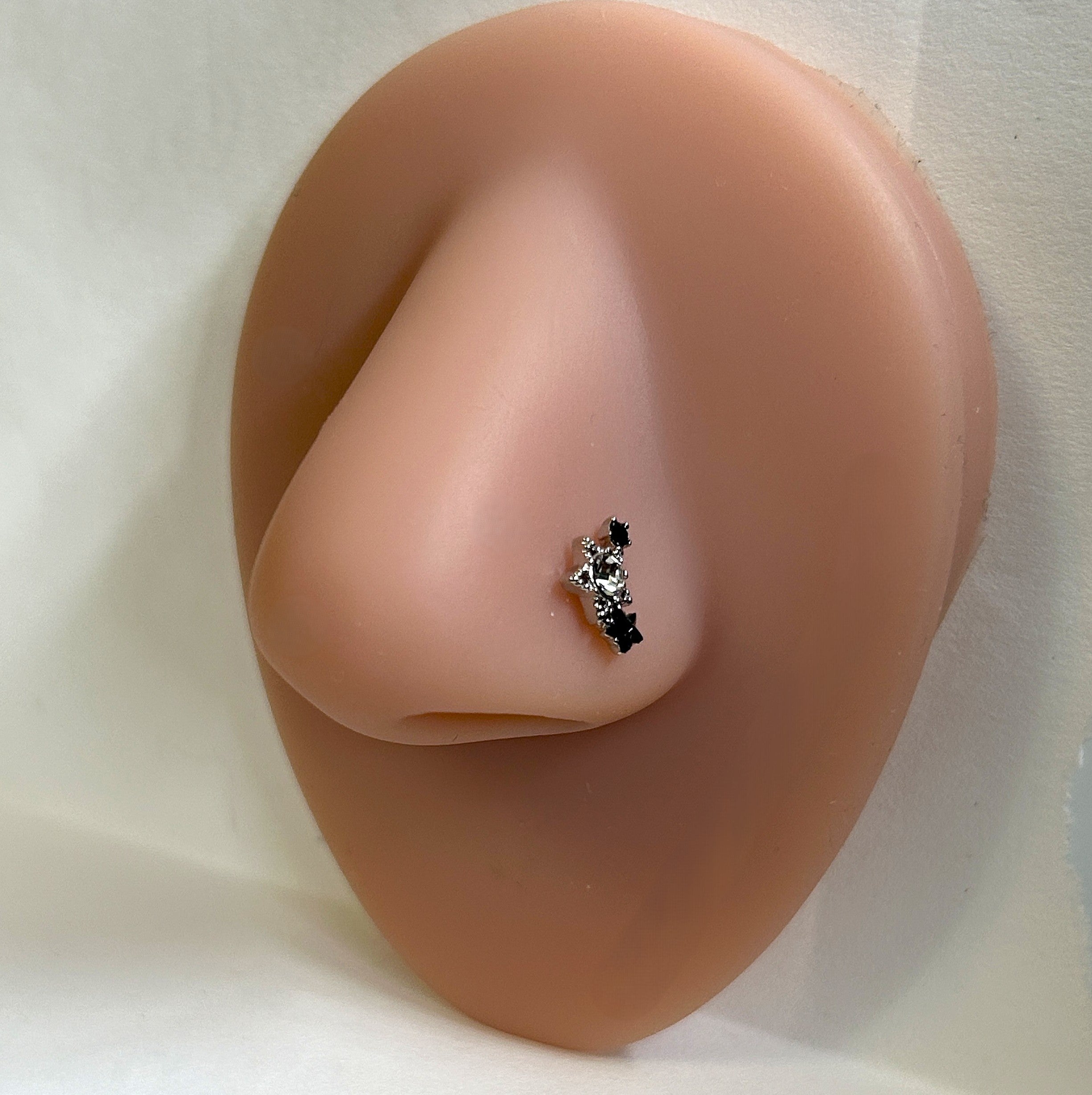 Triple Star Nose Ring with Clear Center Gem — Steel L-Bend
