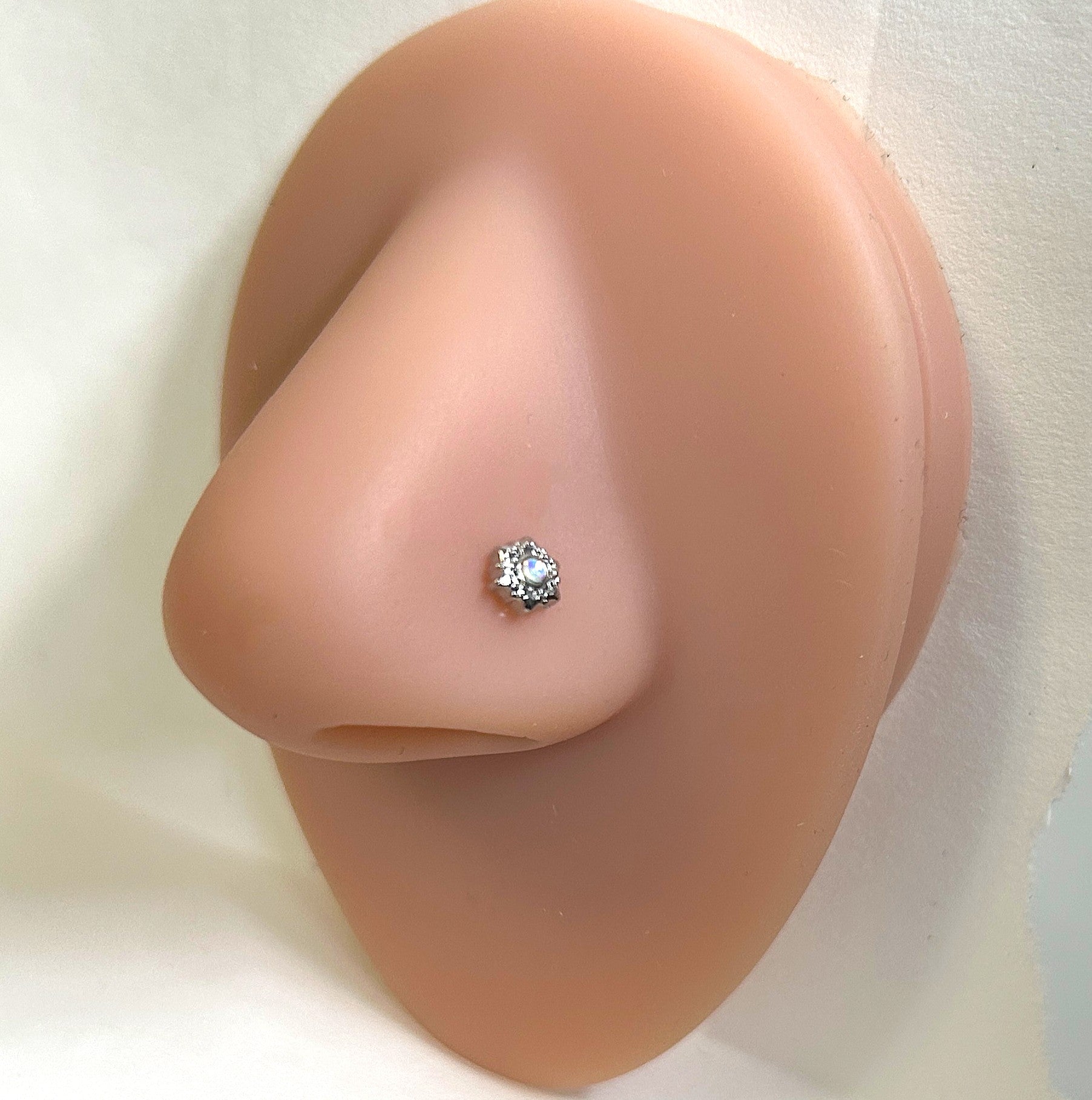 Floral Mandala Nose Ring with Clear Gem — Steel L-Bend