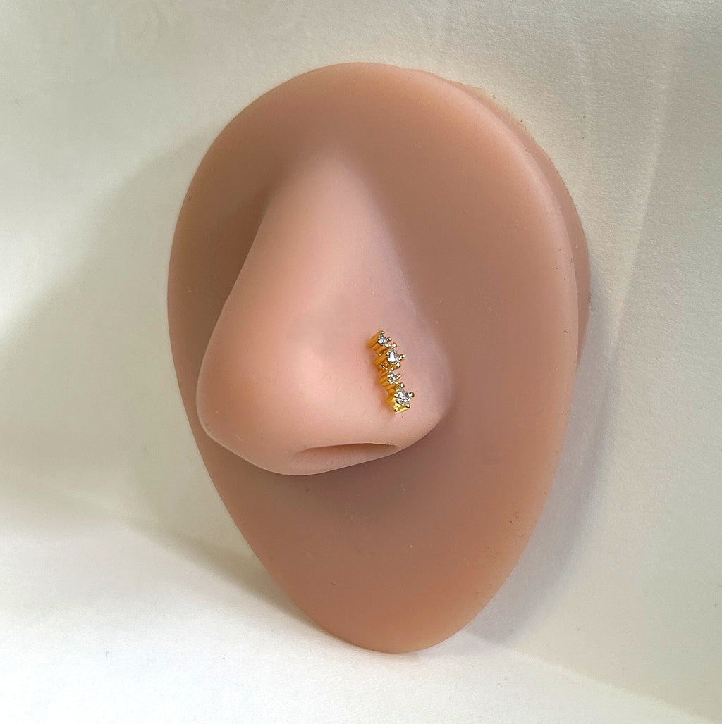 Gold Anodized Lightning Bolt Quad Gem Nose Ring — L-Bend