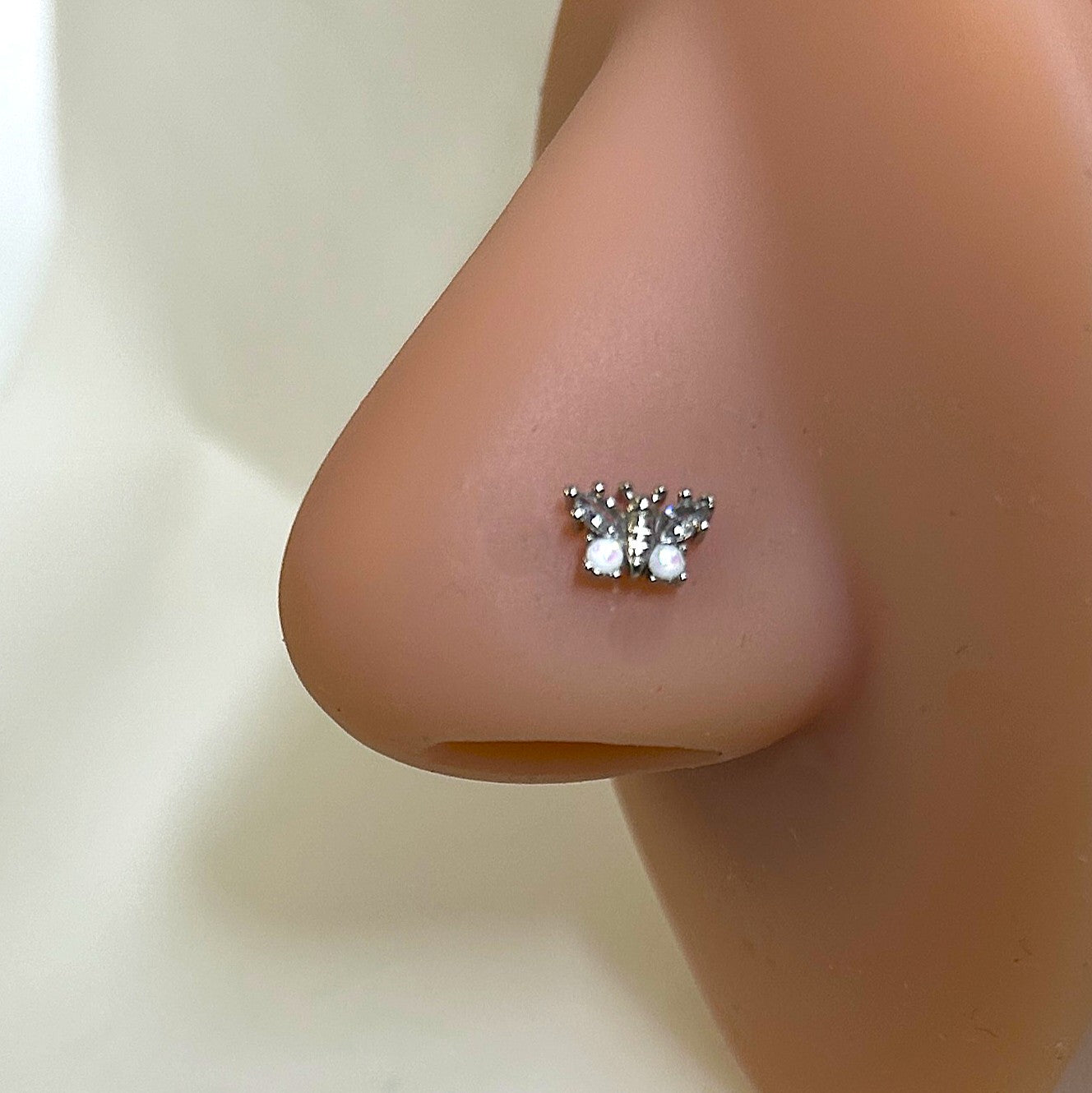 Clear & White Opal Butterfly Nose Ring — Steel L-Bend