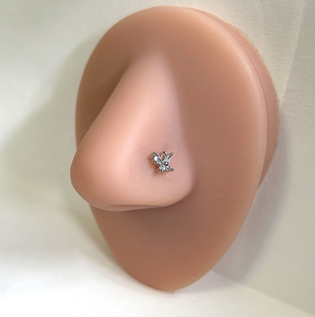 Clear Gem Encrusted Butterfly Nose Ring — Steel L-Bend