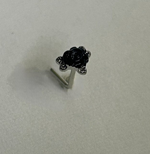Black Rose & Steel Leaf Nose Ring — Steel L-Bend