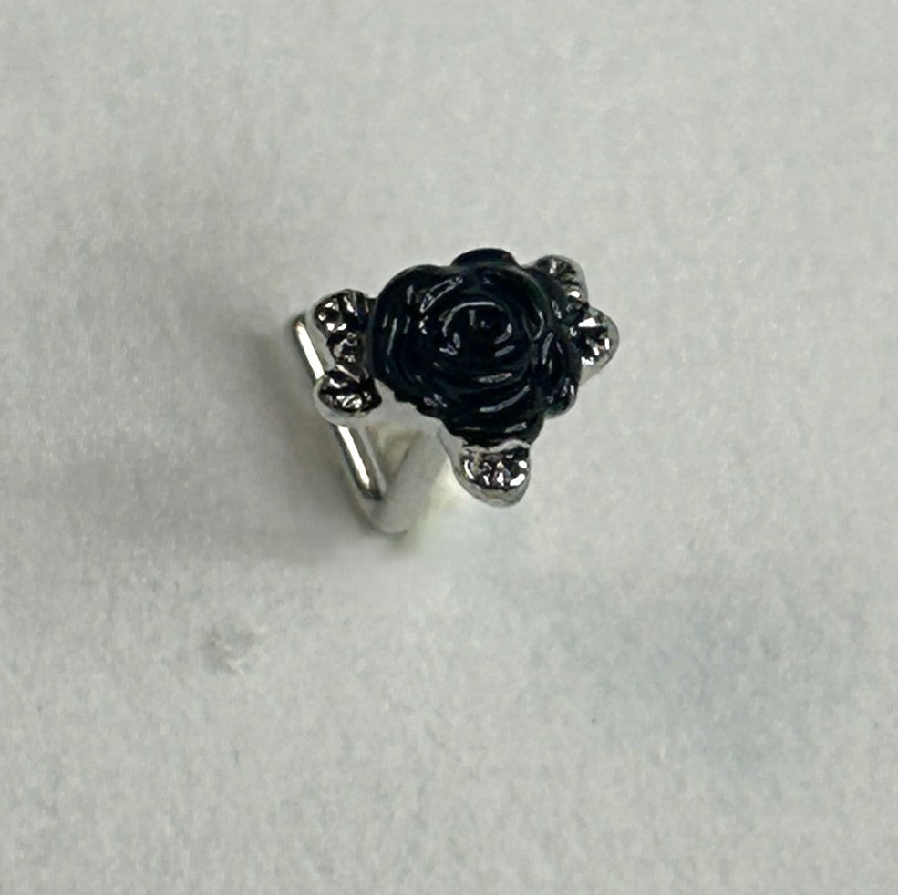 Black Rose & Steel Leaf Nose Ring — Steel L-Bend