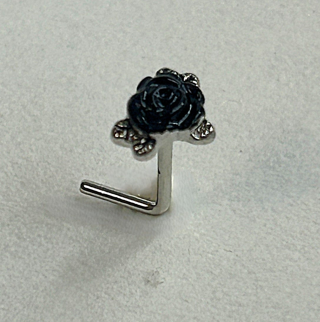 Black Rose & Steel Leaf Nose Ring — Steel L-Bend