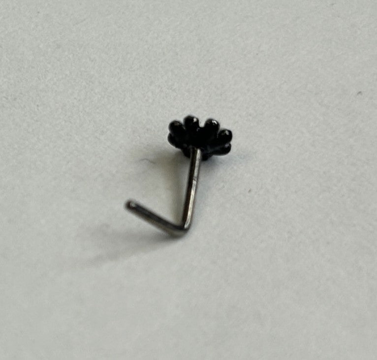 Black Anodized Daisy Nose Ring with White Petals — Steel L-Bend