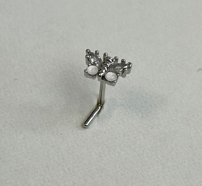 Clear & White Opal Butterfly Nose Ring — Steel L-Bend