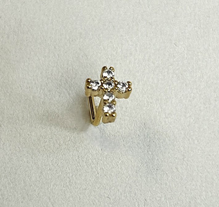 Cross Nose Ring with Clear Gems — Gold L-Bend