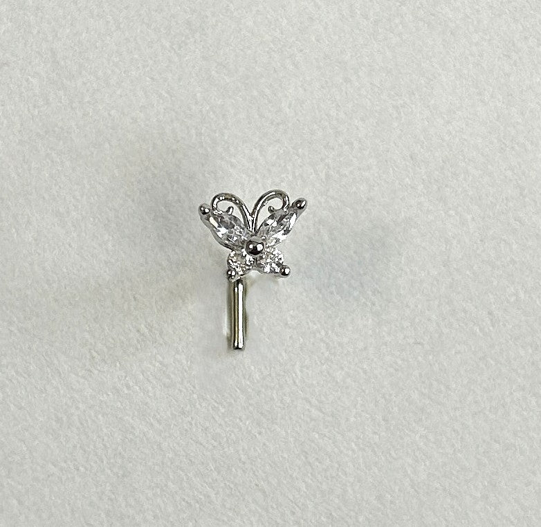 Clear Gem Encrusted Butterfly Nose Ring — Steel L-Bend