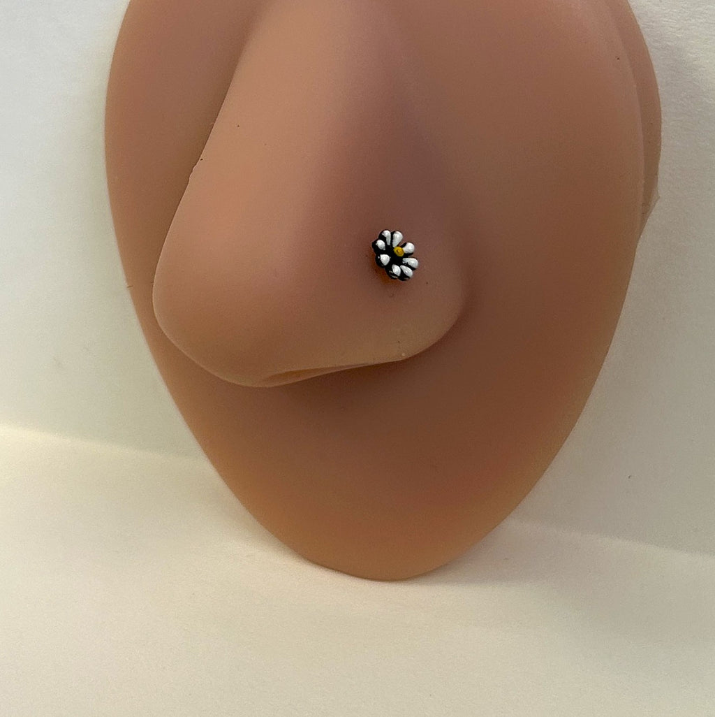 Black Anodized Daisy Nose Ring with White Petals — Steel L-Bend