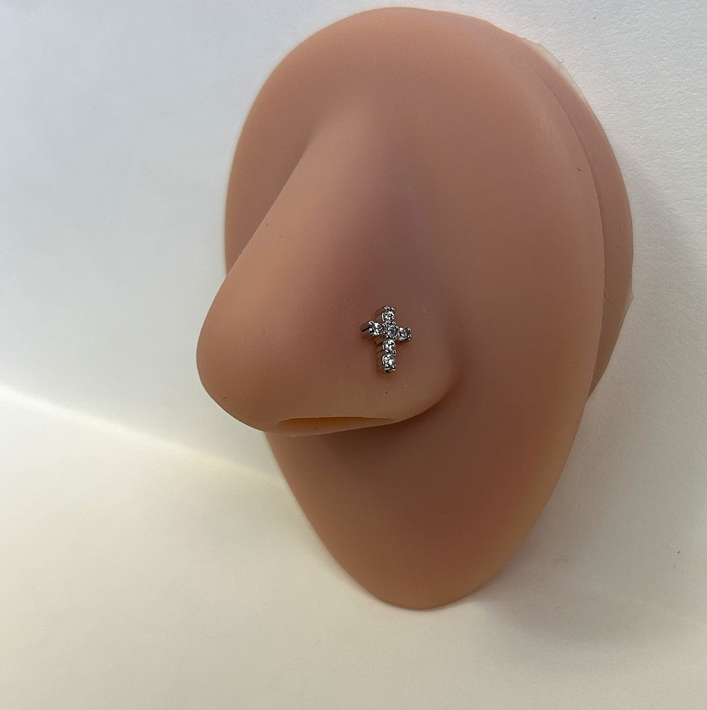 Cross Nose Ring with Clear Gems — Steel L-Bend