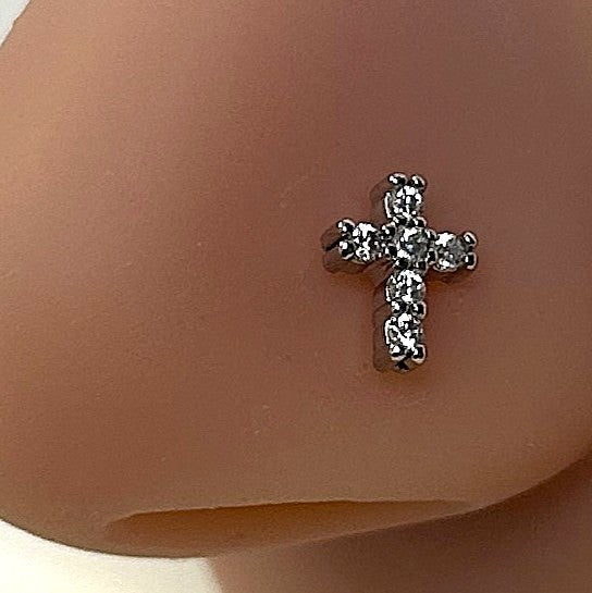 Cross Nose Ring with Clear Gems — Steel L-Bend