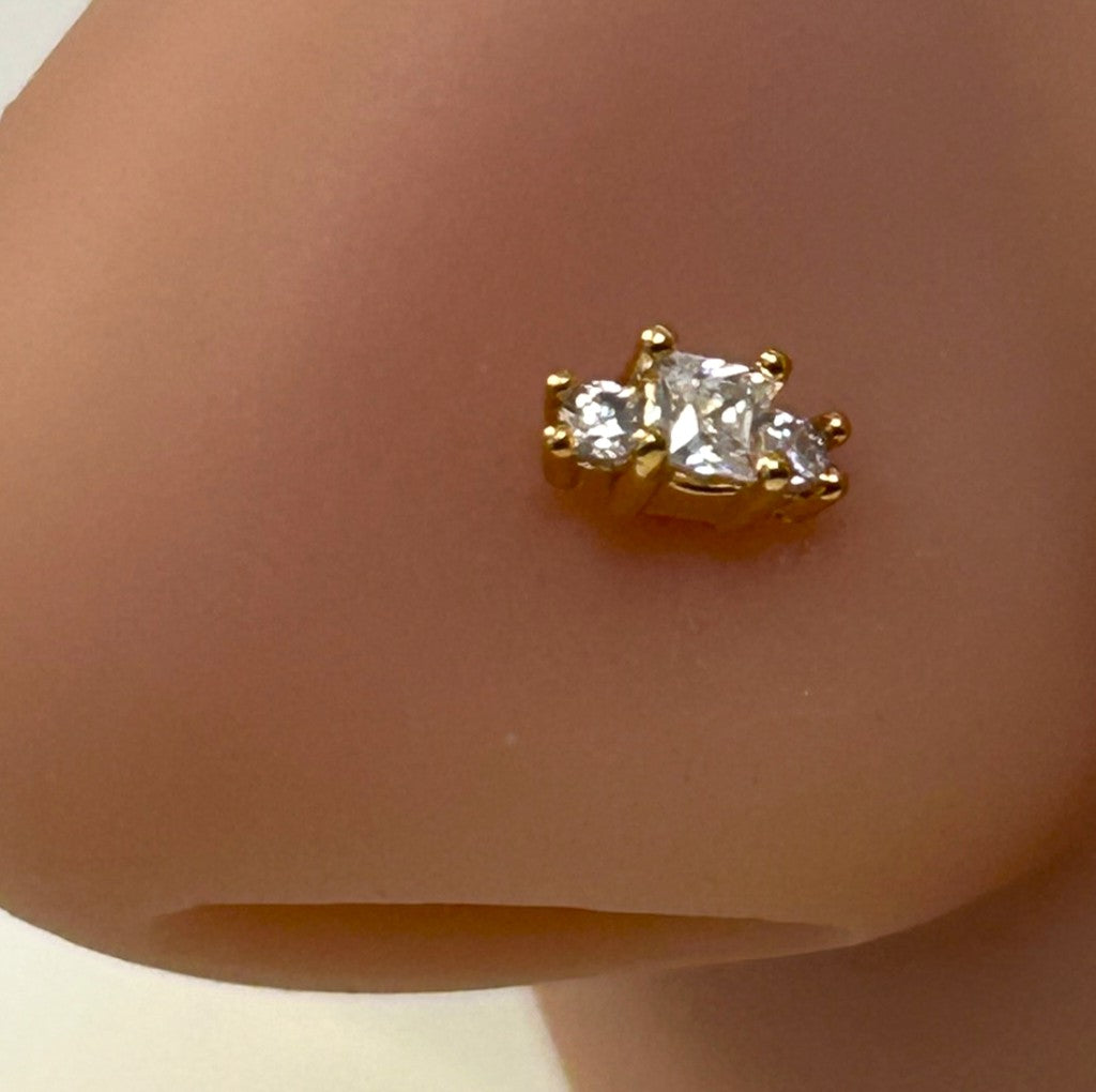 Gold Graduated Triple Square Gem Nose Ring —  L-Bend
