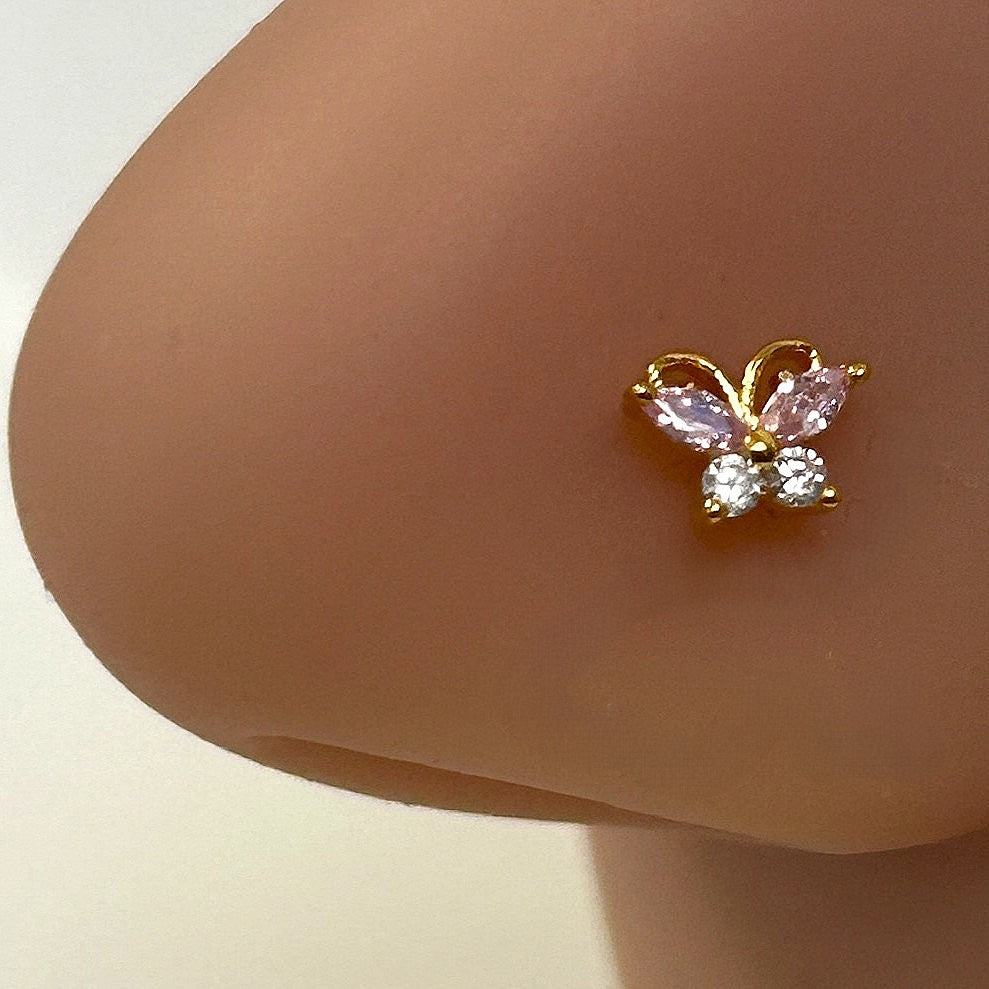 Gold, Pink & Clear Gem Encrusted Butterfly Nose Ring — L-Bend