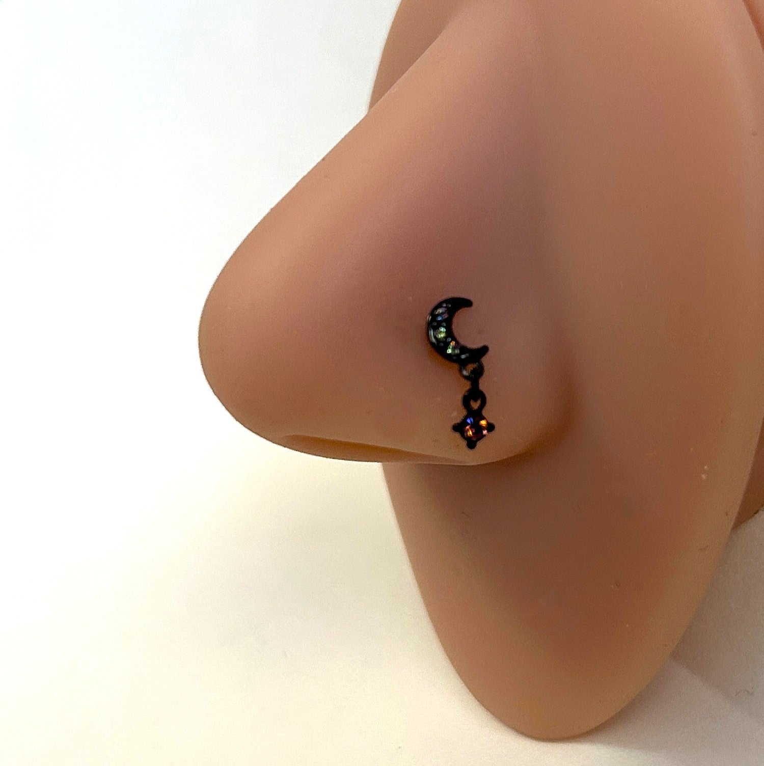 Black Anodized Moon & Dangle Gem Nose Ring — Steel L-Bend
