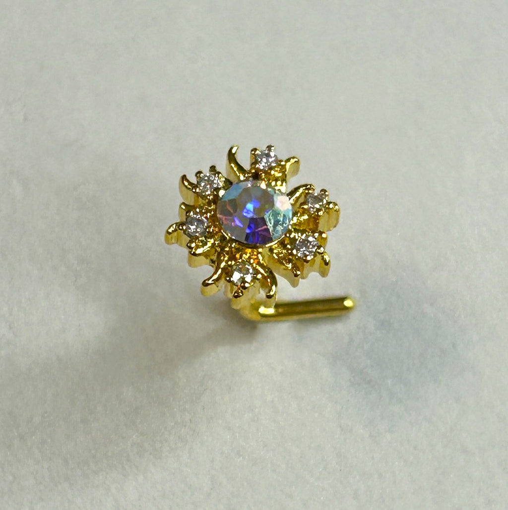 Gold Anodized Sun Nose Ring with Clear Center Gem — L-Bend