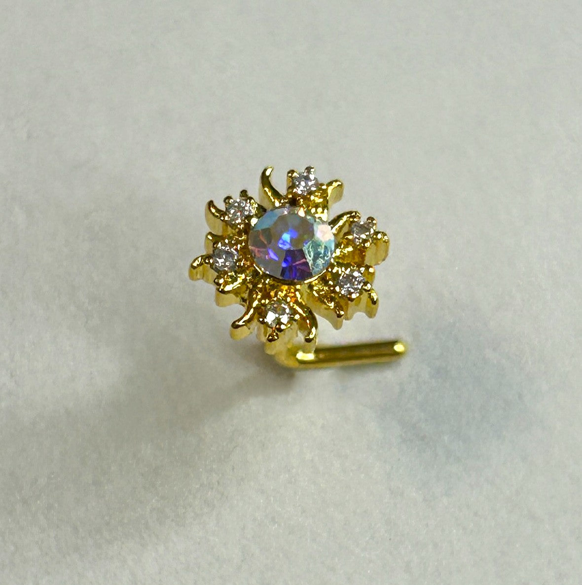 Gold Anodized Sun Nose Ring with Clear Center Gem — L-Bend