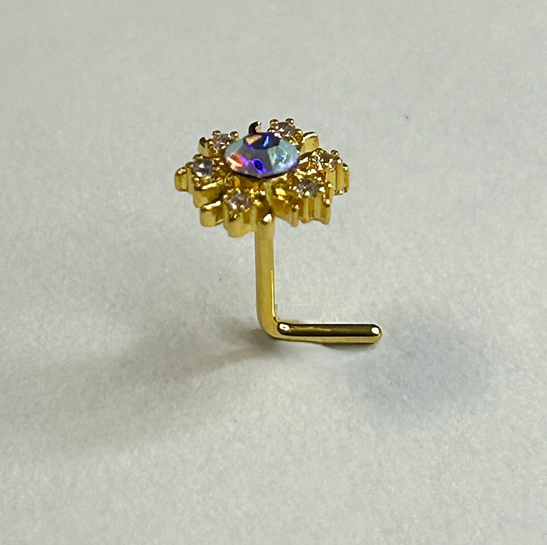 Gold Anodized Sun Nose Ring with Clear Center Gem — L-Bend