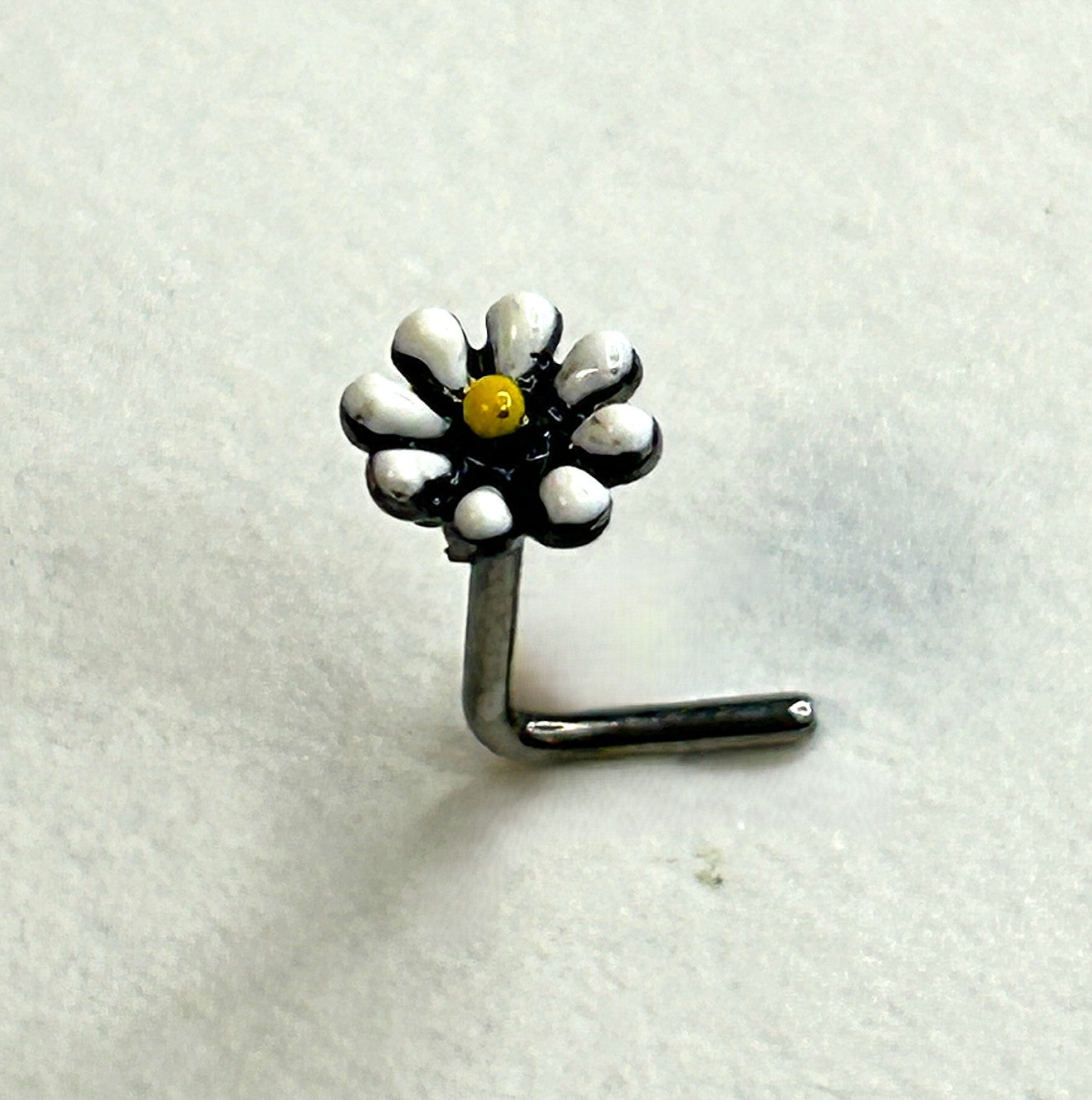 Black Anodized Daisy Nose Ring with White Petals — Steel L-Bend