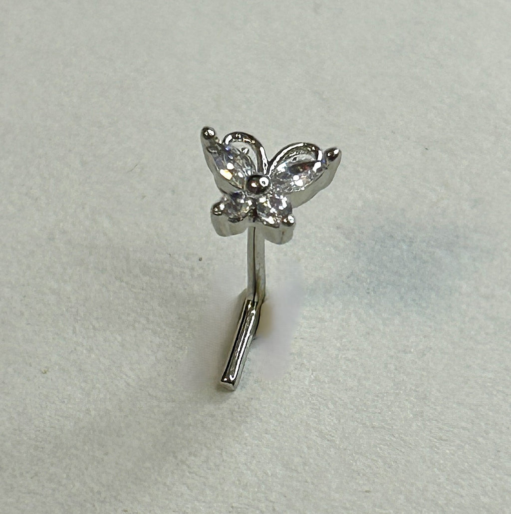 Clear Gem Encrusted Butterfly Nose Ring — Steel L-Bend