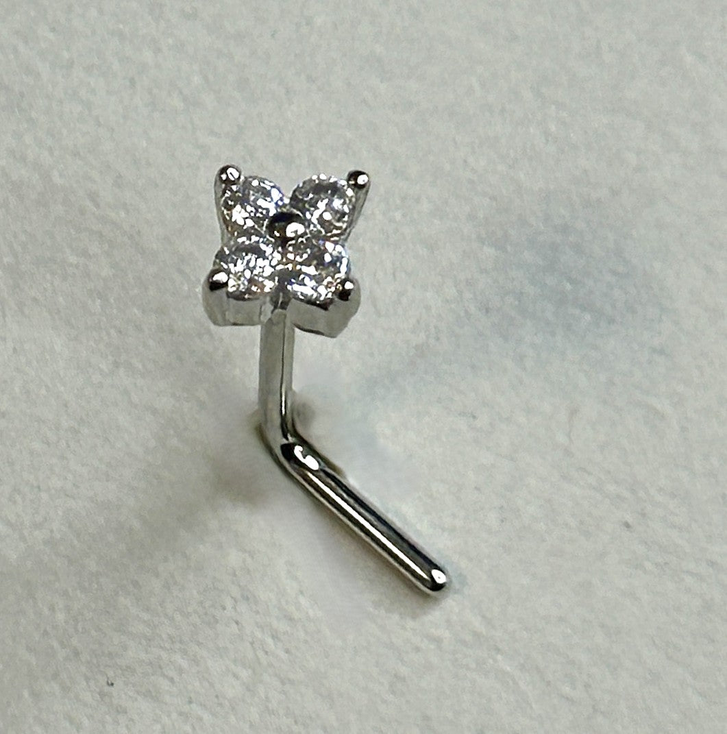 Four Petal Gem Clover Nose Ring — Steel L-Bend