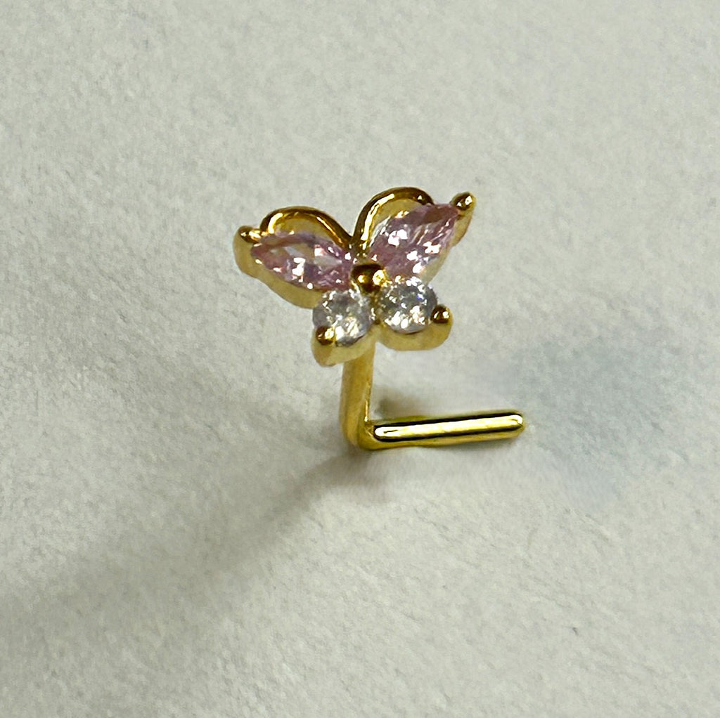 Gold, Pink & Clear Gem Encrusted Butterfly Nose Ring — L-Bend
