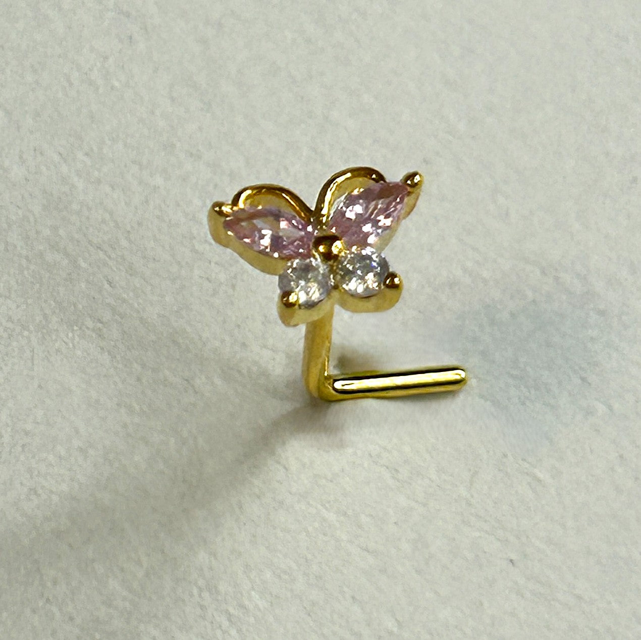 Gold, Pink & Clear Gem Encrusted Butterfly Nose Ring — L-Bend