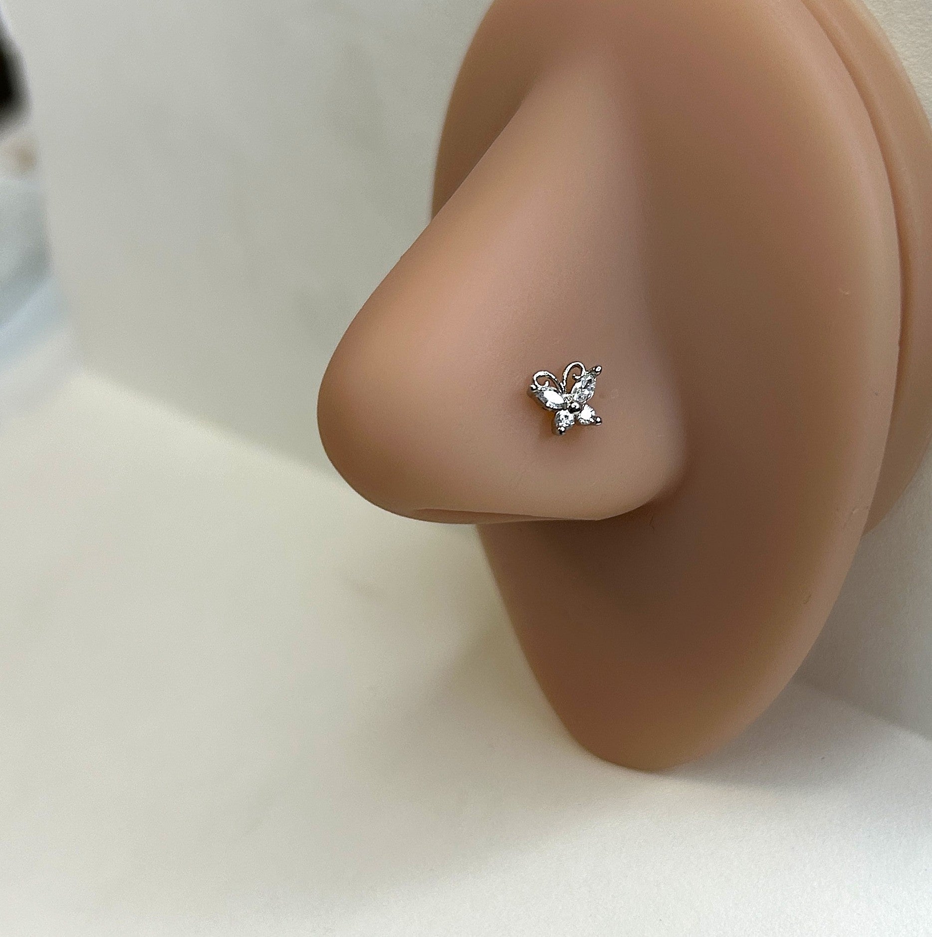 Clear Gem Encrusted Butterfly Nose Ring — Steel L-Bend