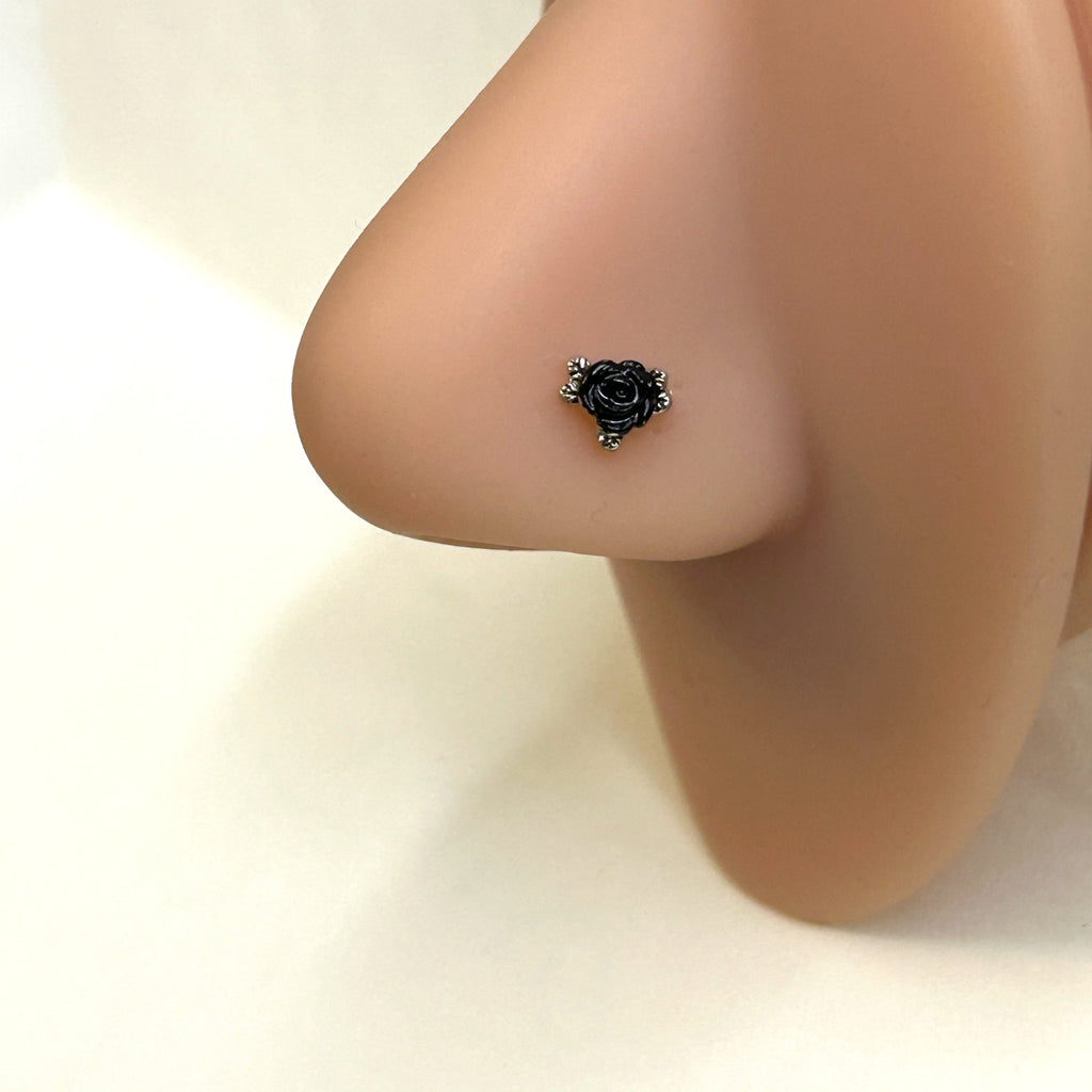 Black Rose & Steel Leaf Nose Ring — Steel L-Bend