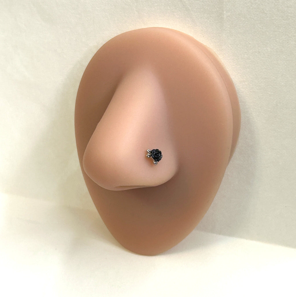 Black Rose & Steel Leaf Nose Ring — Steel L-Bend