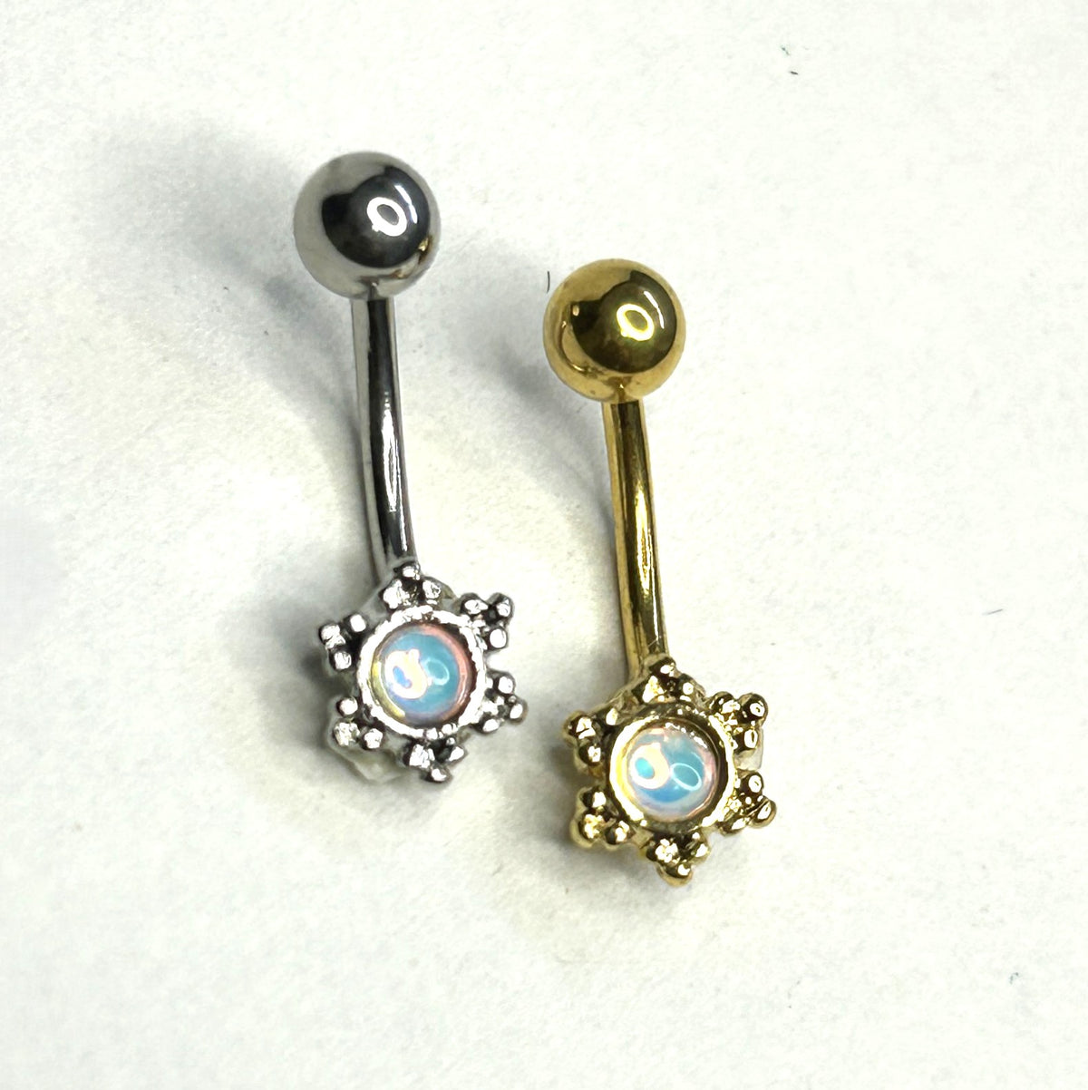 16g Opalite Filigree Curved Barbell – Steel & Gold