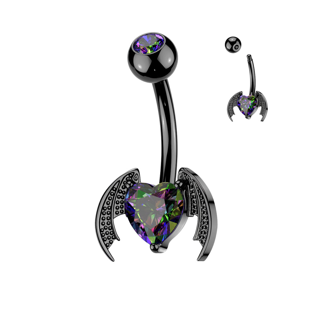 14g Black Steel Bat Wing Heart Belly Ring