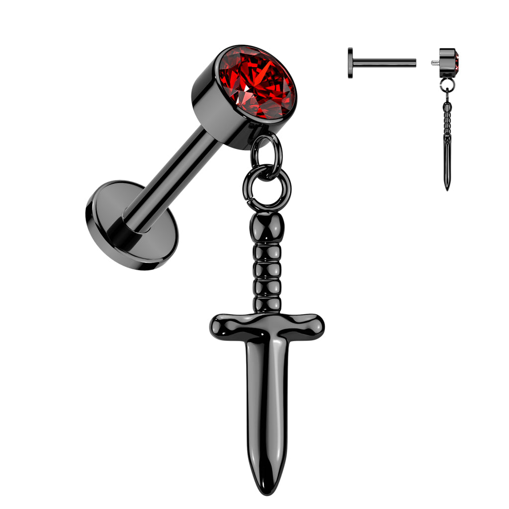 16g Black Titanium Dagger Dangle Flat Back Stud