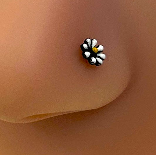 Black Anodized Daisy Nose Ring with White Petals — Steel L-Bend