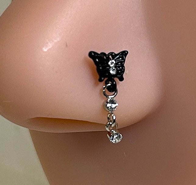 Black Anodized Butterfly Nose Ring with Double Gem Dangle — Steel L-Bend