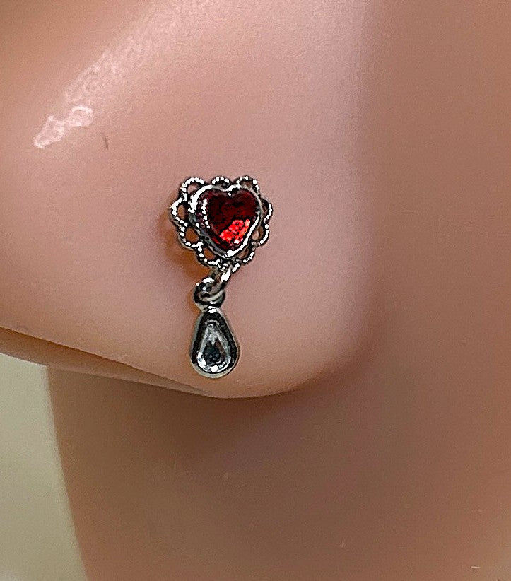 Filigree Heart Nose Ring with Drop Dangle — Steel L-Bend