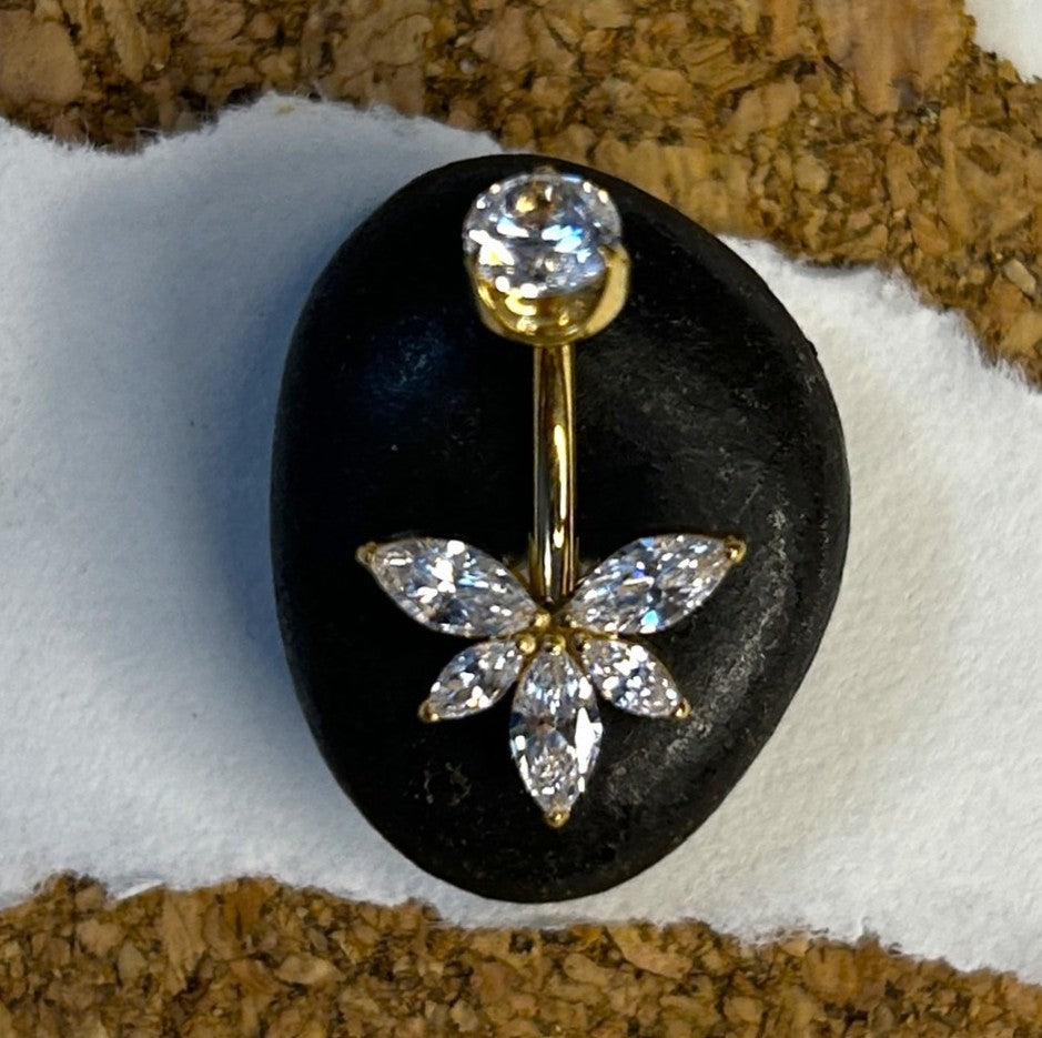 Titanium Firefly Belly Ring – 5-Stone Marquise Cluster | Gold