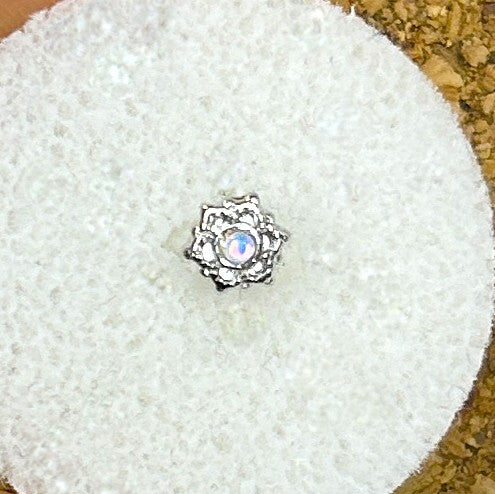 Floral Mandala Nose Ring with Clear Gem — Steel L-Bend