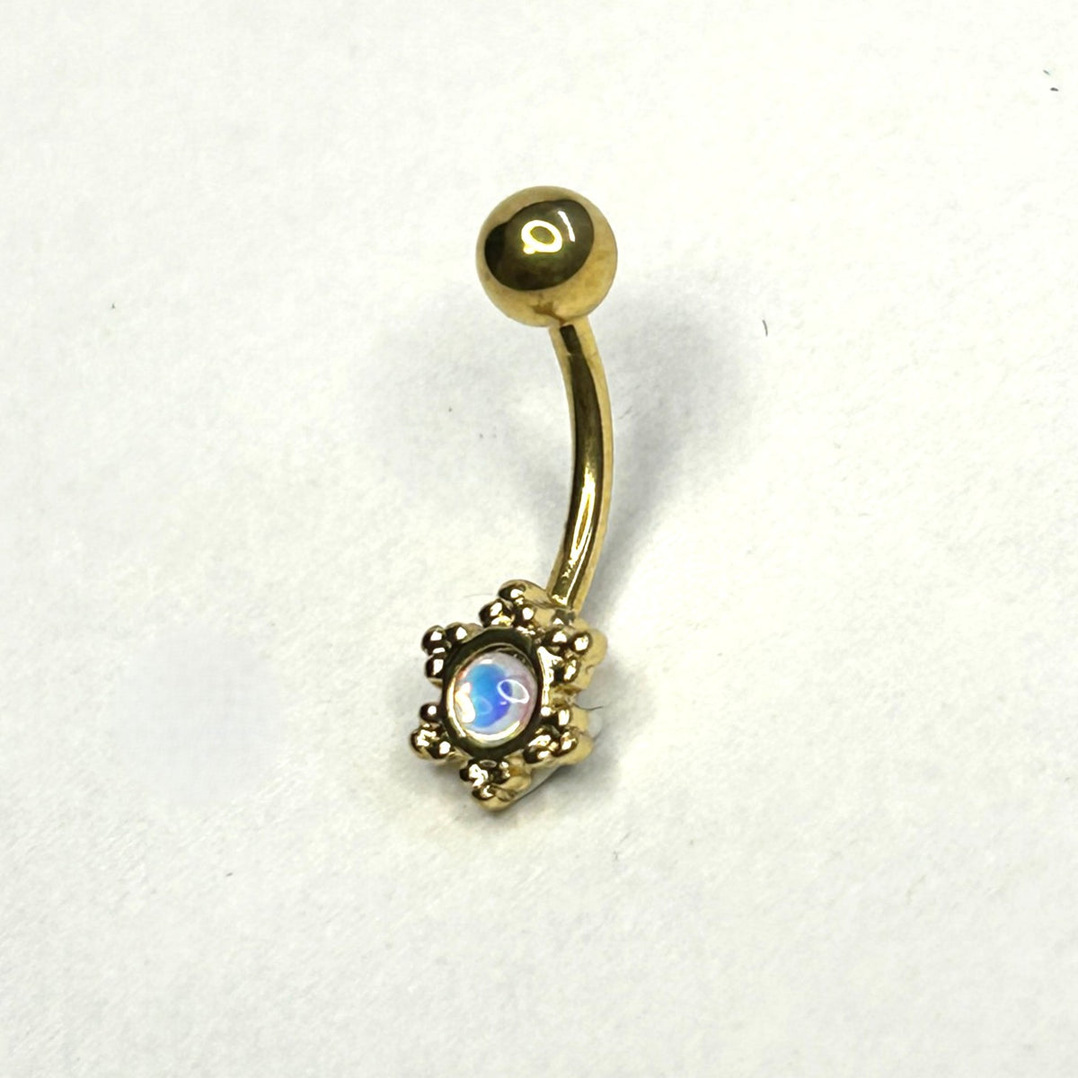 16g Opalite Filigree Curved Barbell – Steel & Gold