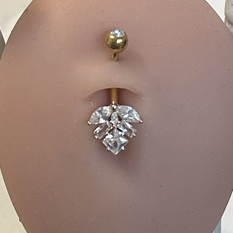 Titanium Leaf Belly Ring – Clear Stone | Gold