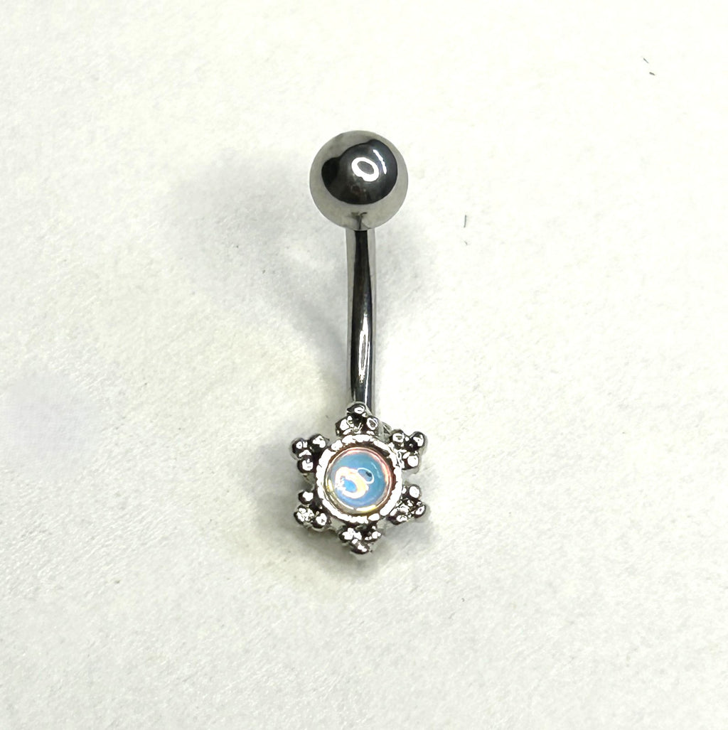 16g Opalite Filigree Curved Barbell – Steel & Gold