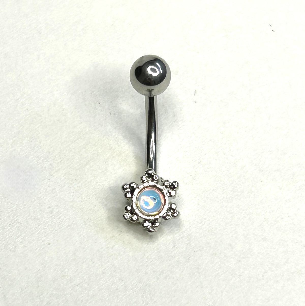 16g Opalite Filigree Curved Barbell – Steel & Gold